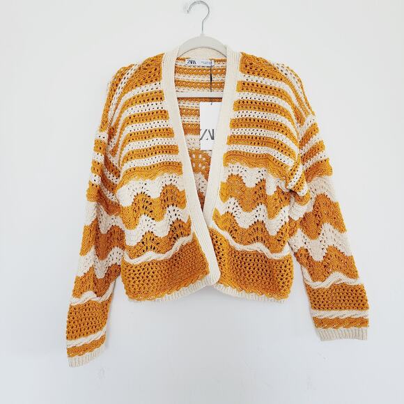 Zara Beige & Yellow Oversized Open Cardigan Knit Sweater Size Medium - Picture 3 of 9